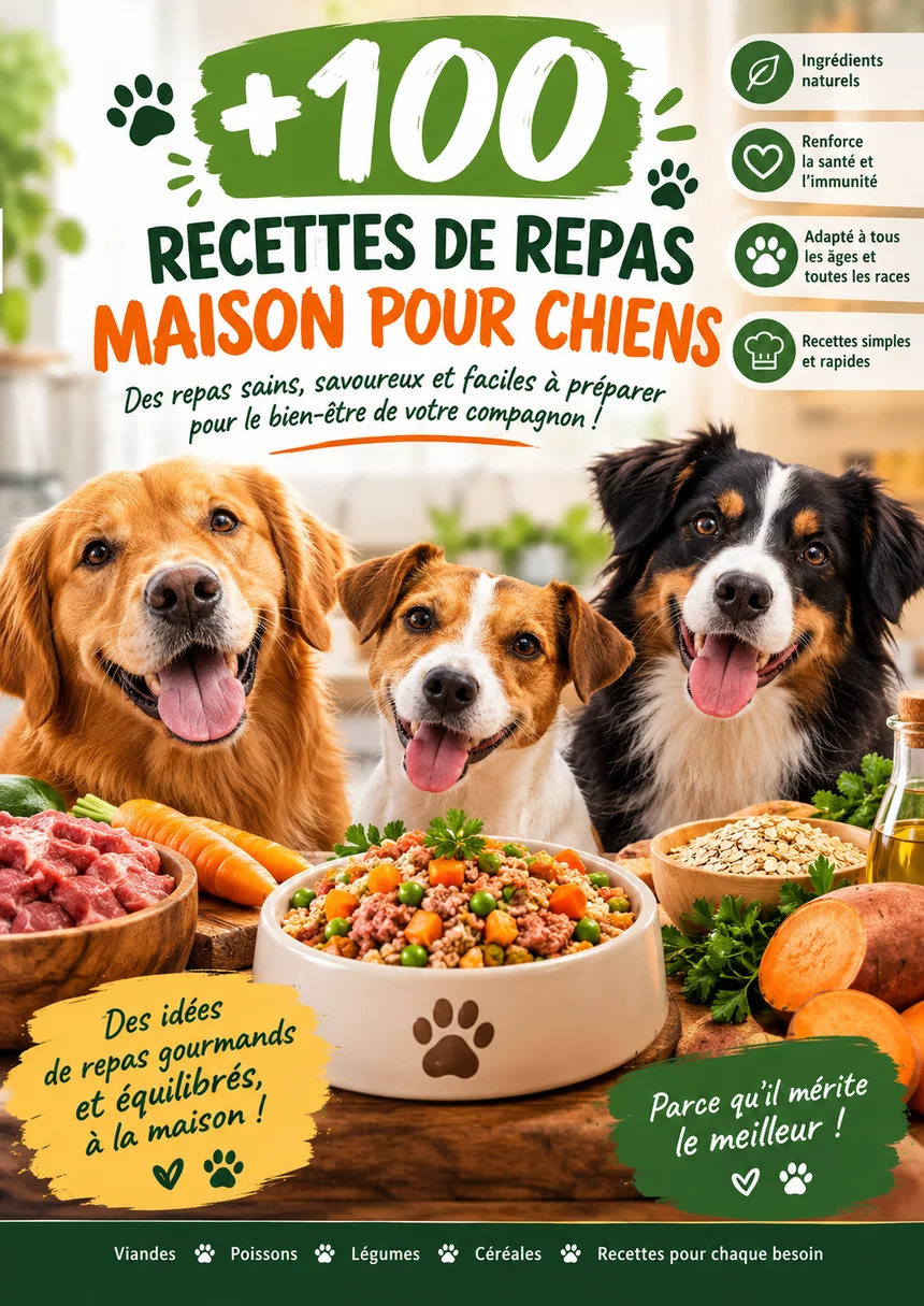 Couverture du guide +100 recettes de repas maison pour chiens